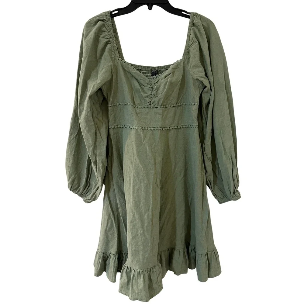 SHEIN VCAY Sage Green Cotton Puff Sleeve Smocked Mini Dress Crochet Trim Size M‎